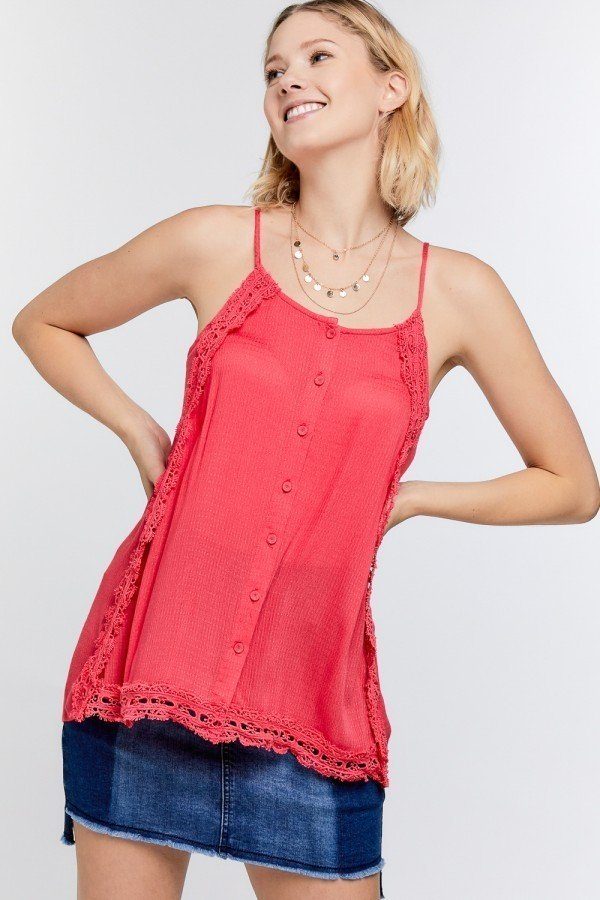 Women's Boho Scallop Lace Trim Detailed Button Down Solid Subtle Textured Slit Side Overlay Layered Cami Top