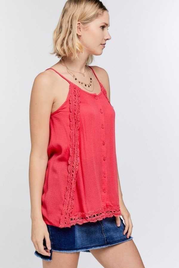 Women's Boho Scallop Lace Trim Detailed Button Down Solid Subtle Textured Slit Side Overlay Layered Cami Top