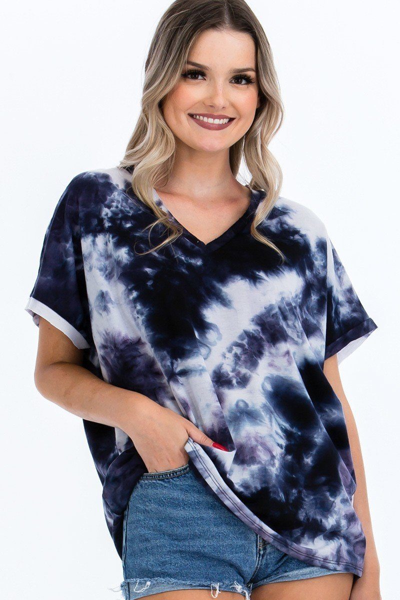 Women's Tie-dye Top Featured In A V-neckline And Cuff Sort Sleeves