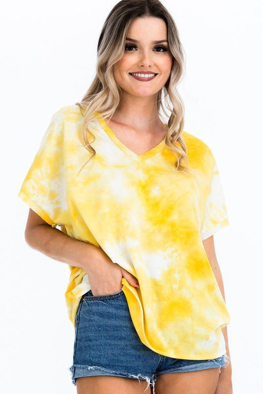 Women's Tie-dye Top Featured In A V-neckline And Cuff Sort Sleeves