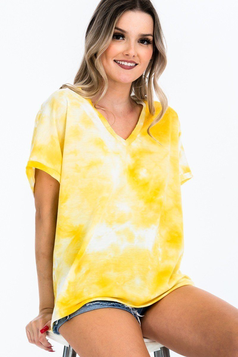 Women's Tie-dye Top Featured In A V-neckline And Cuff Sort Sleeves