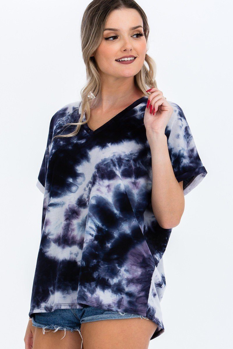 Women's Tie-dye Top Featured In A V-neckline And Cuff Sort Sleeves