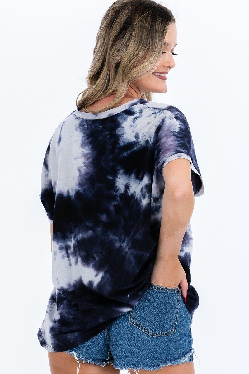 Women's Tie-dye Top Featured In A V-neckline And Cuff Sort Sleeves