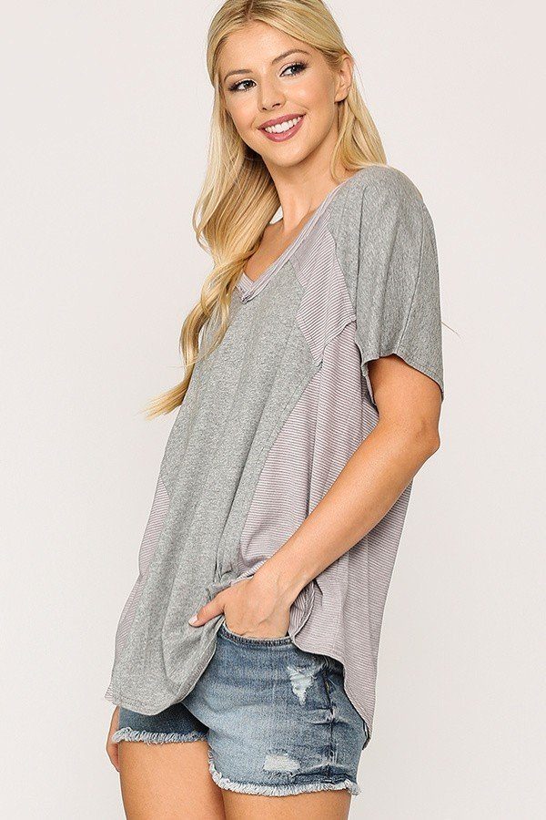 Women's Rib Knit Mixed Dolman Sleeve Top With Round Hem