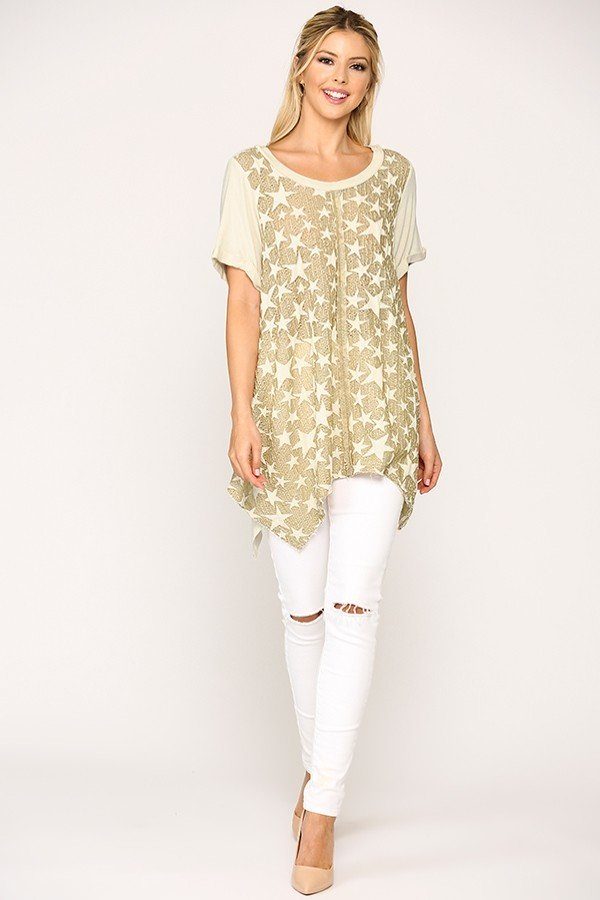 Women's Star Textured Knit Mixed Tunic Top With Shark Bite Hem