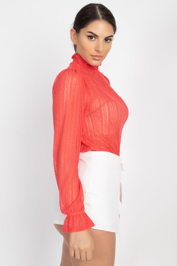 Women's Ruffle Mock Neck Lace Top