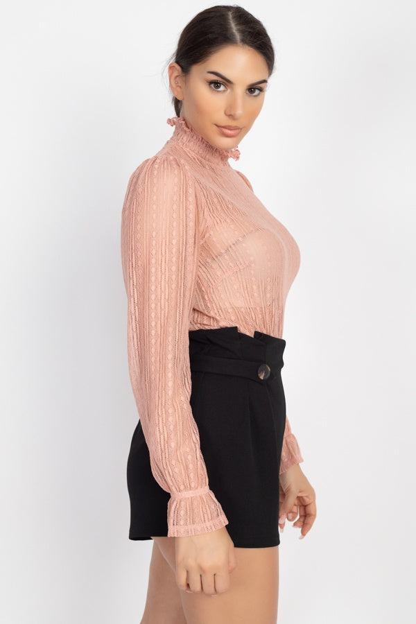 Women's Ruffle Mock Neck Lace Top