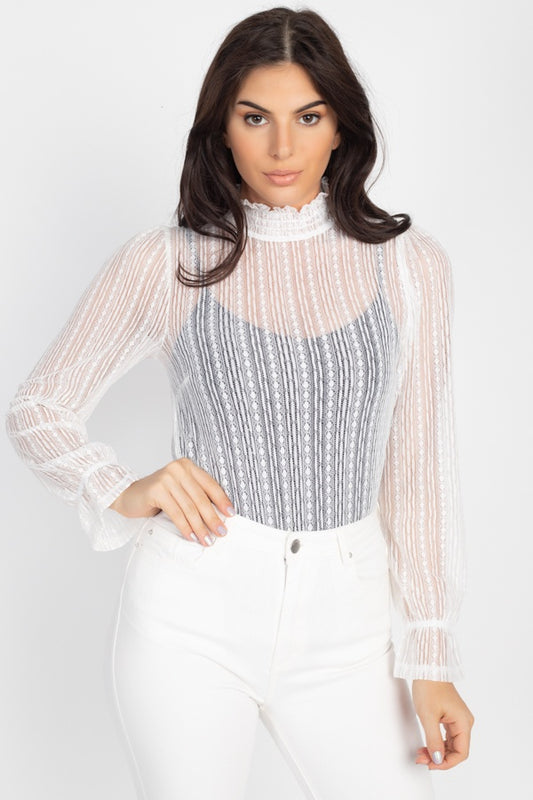 Women's Ruffle Mock Neck Lace Top