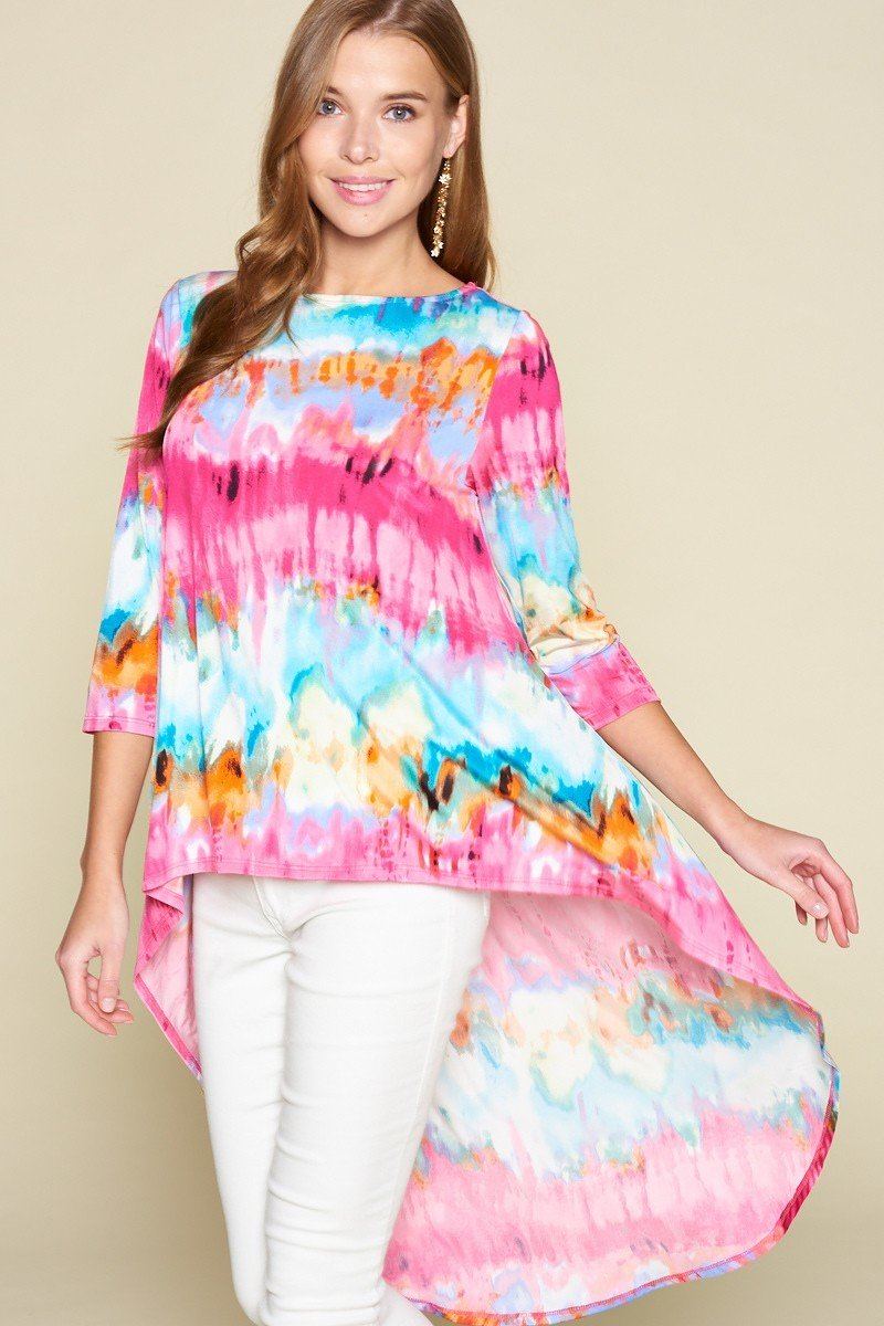 Women's Tie-dye Venechia High Low Fashion Top With 3/4 Sleeves