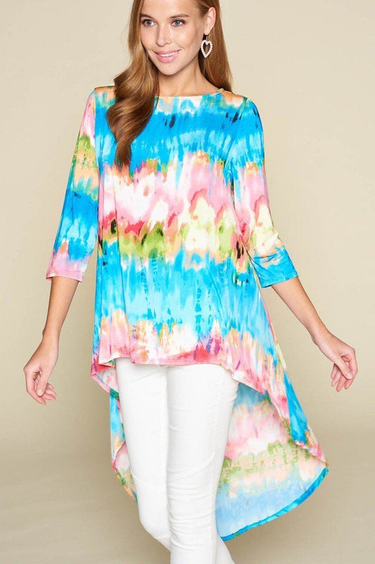 Women's Tie-dye Venechia High Low Fashion Top With 3/4 Sleeves