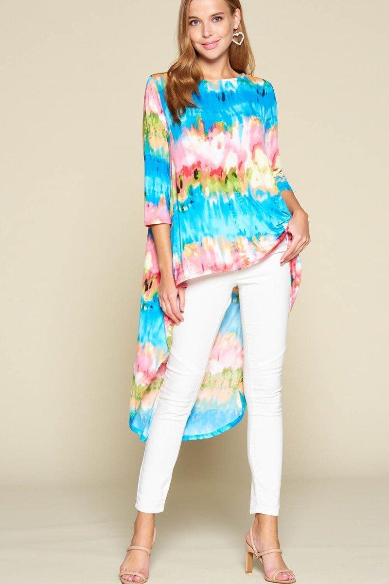 Women's Tie-dye Venechia High Low Fashion Top With 3/4 Sleeves