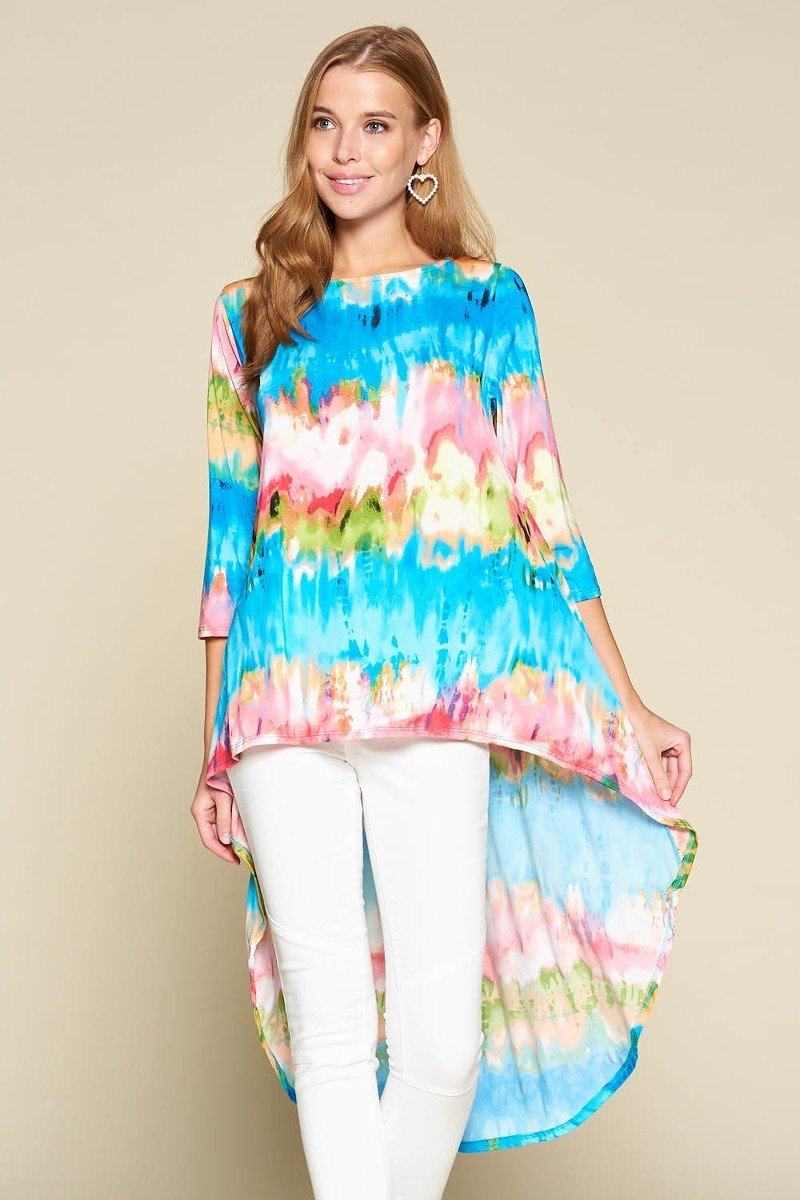 Women's Tie-dye Venechia High Low Fashion Top With 3/4 Sleeves