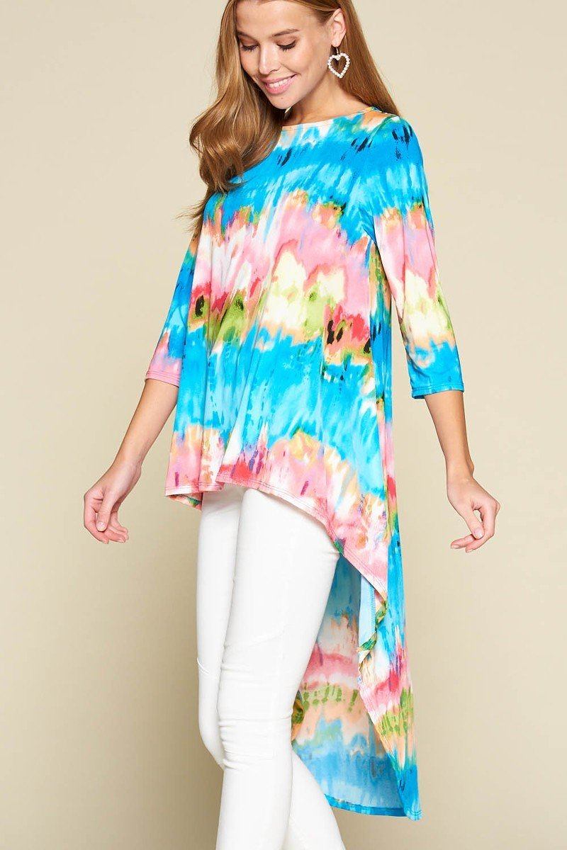 Women's Tie-dye Venechia High Low Fashion Top With 3/4 Sleeves