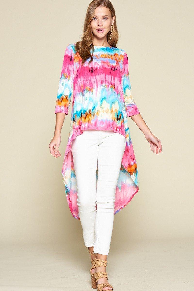 Women's Tie-dye Venechia High Low Fashion Top With 3/4 Sleeves