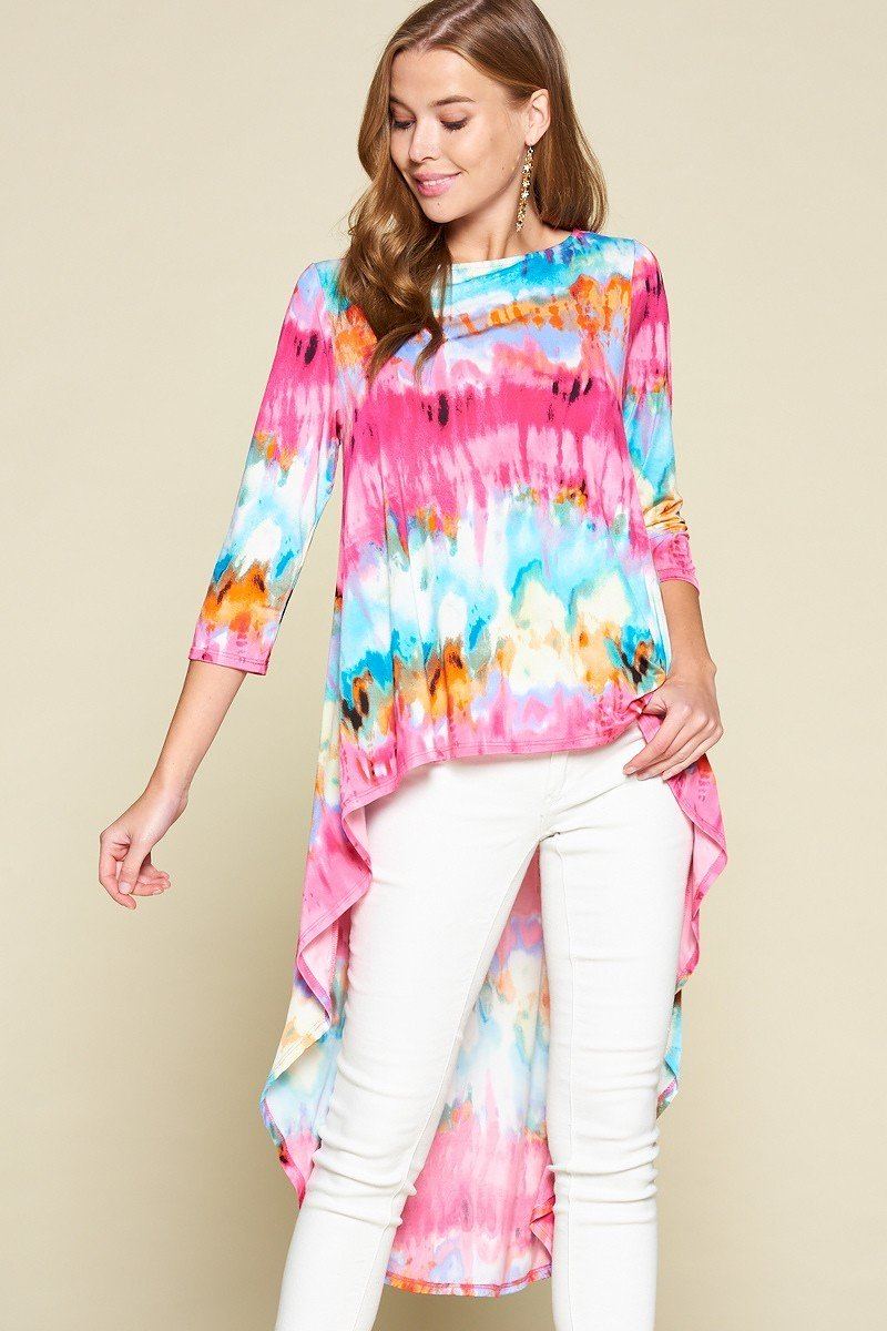 Women's Tie-dye Venechia High Low Fashion Top With 3/4 Sleeves