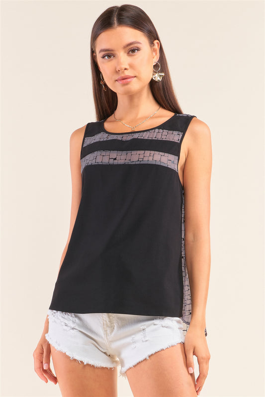 Women's Grey And Black Sleeveless Relaxed Fit Brick Pattern Print Mesh Round Neck Top