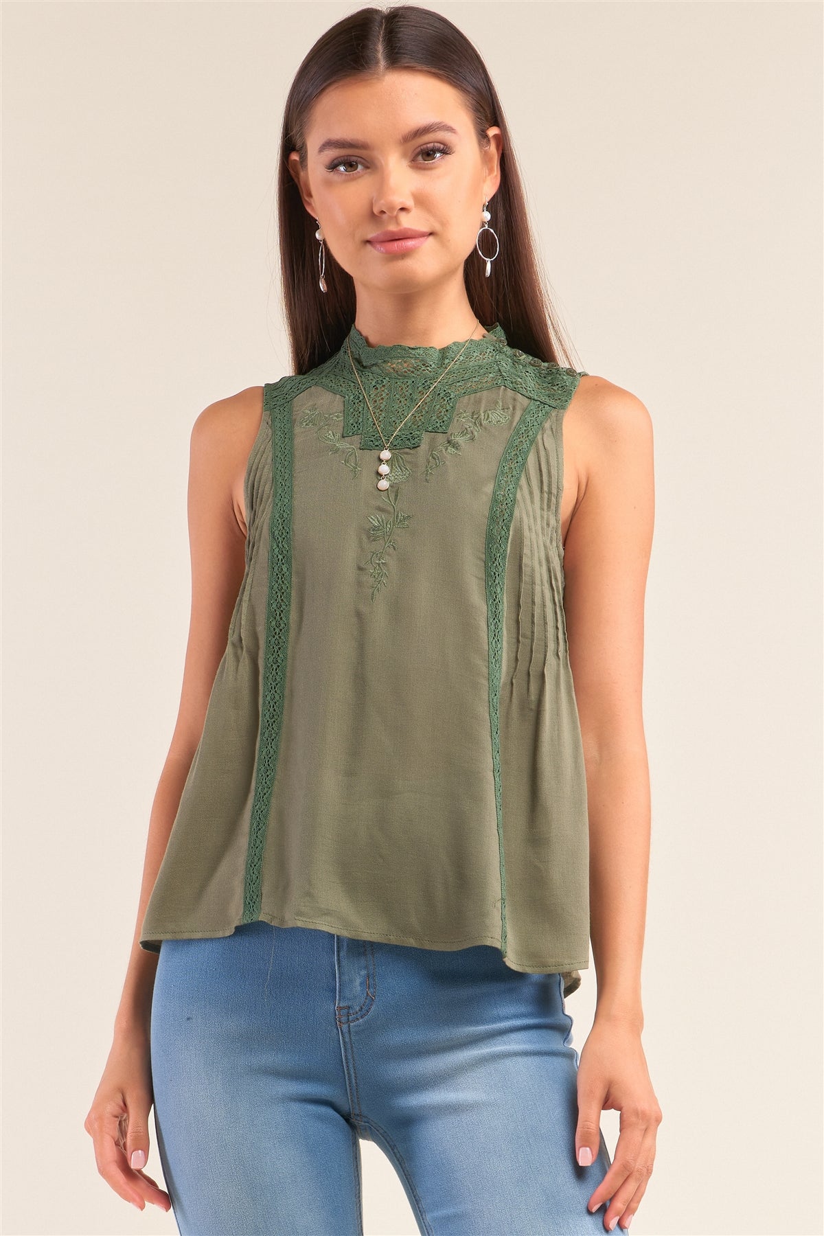 Women's Forest Green Sleeveless Crochet Embroidered Hem Pleated Babydoll Top