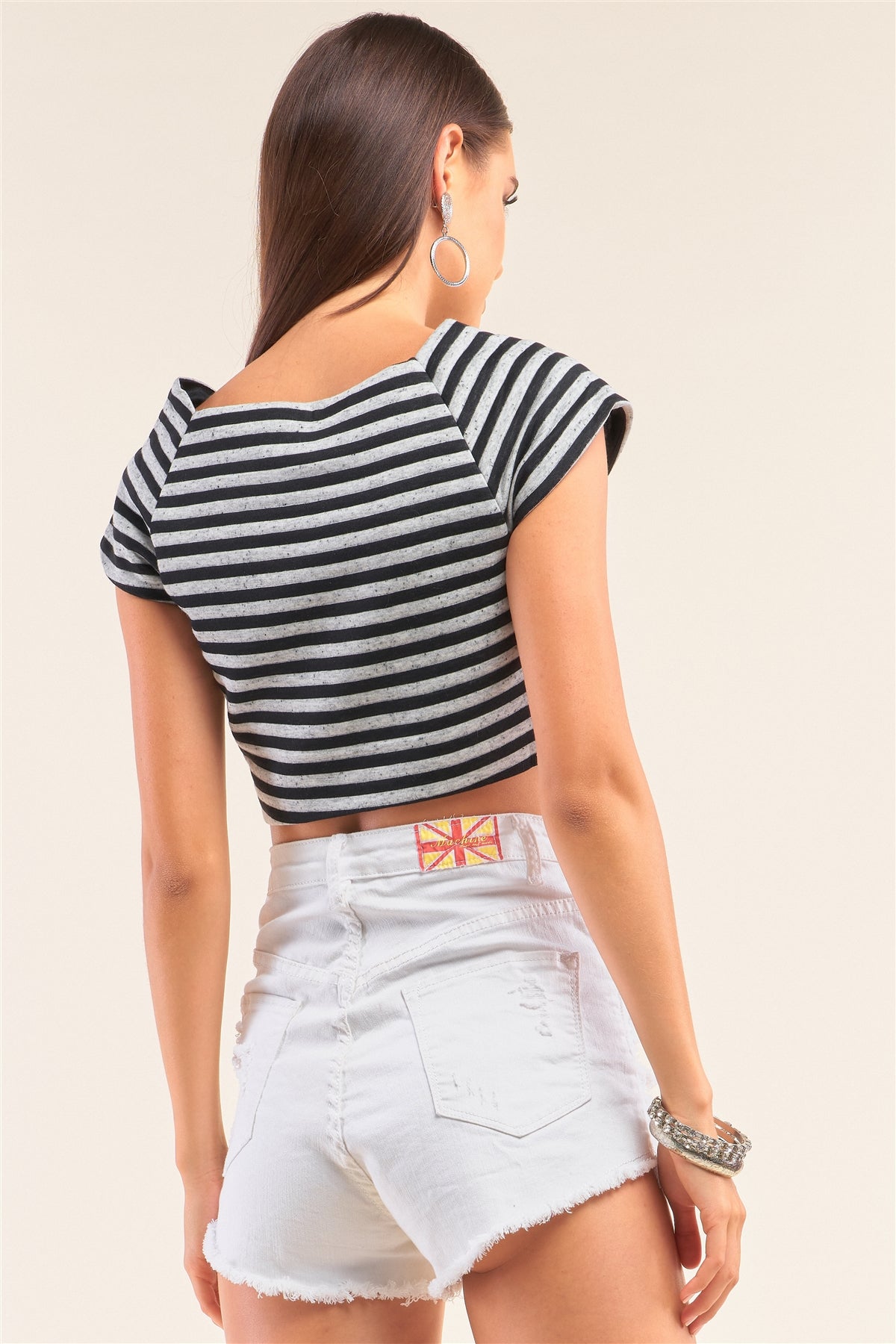 Women's Black And Grey Striped Square Neck Mini Sleeve Cropped Top