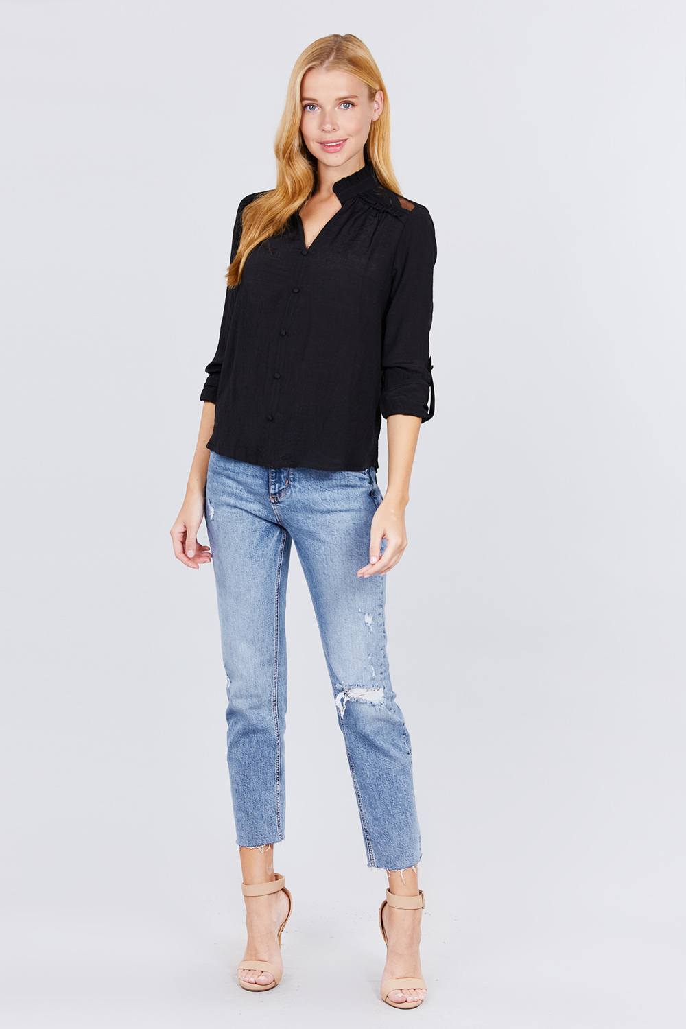 Women's V-neck Button Down Woven Top