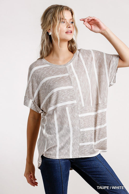 Women's Horizontal And Vertical Striped Short Folded Sleeve Top With High Low Hem