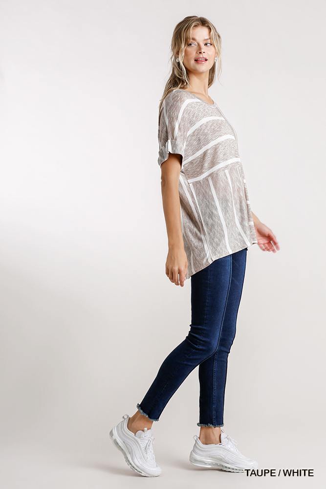 Women's Horizontal And Vertical Striped Short Folded Sleeve Top With High Low Hem