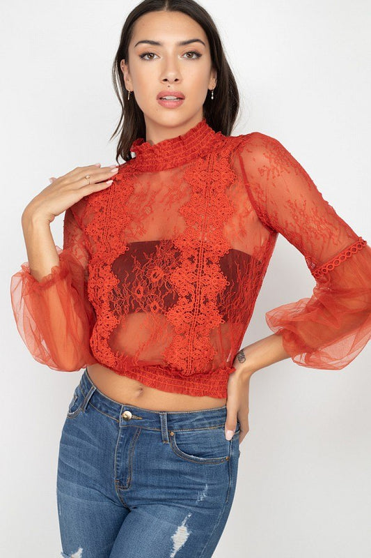 Women's Lace Trim Balloon Sleeve Smocked Top