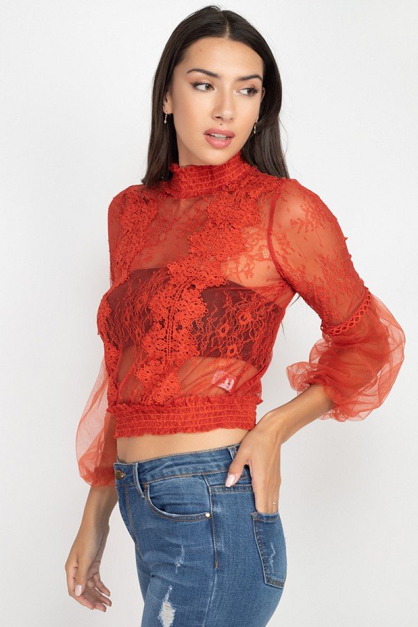 Women's Lace Trim Balloon Sleeve Smocked Top