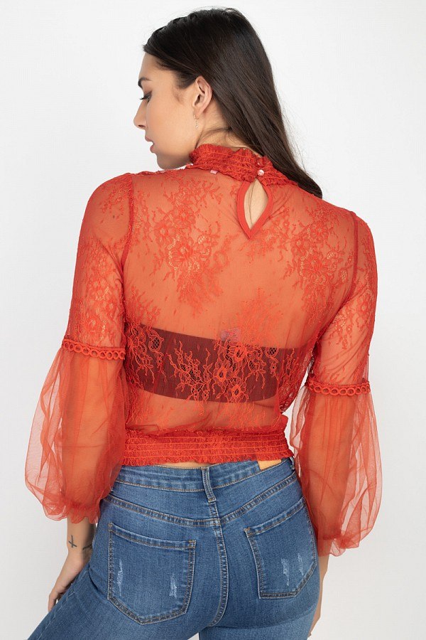 Women's Lace Trim Balloon Sleeve Smocked Top