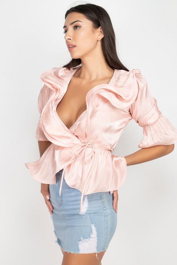 Women's Surplice Short Sleeve Ruffle Top