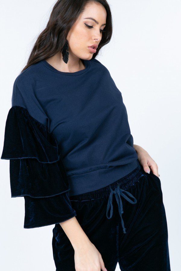 Women's Tiered Velvet Ruffle Sleeve Pullover Crewneck Top