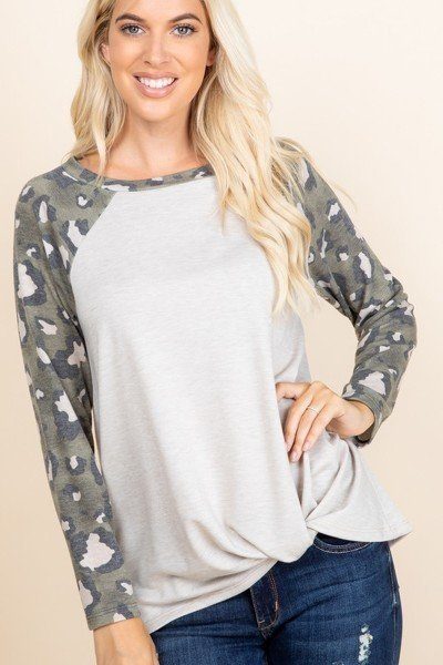 Women's Casual French Terry Side Twist Top With Animal Print Long Sleeves