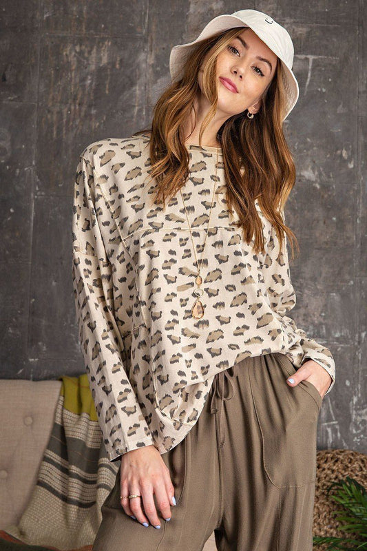 Women's Leopard Printed Garment Dye Loose Fit Knit Top