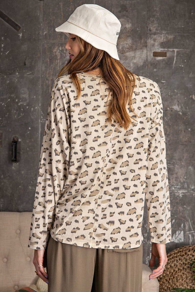 Women's Leopard Printed Garment Dye Loose Fit Knit Top