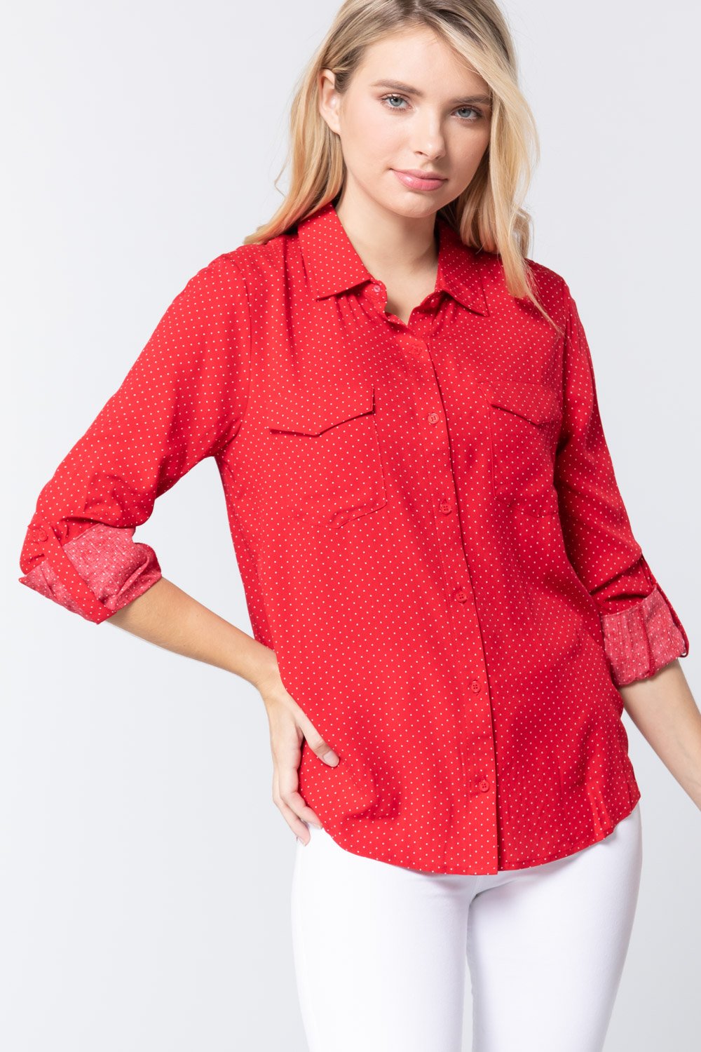 Women's 3/4 Roll Up Slv Dot Print Shirt