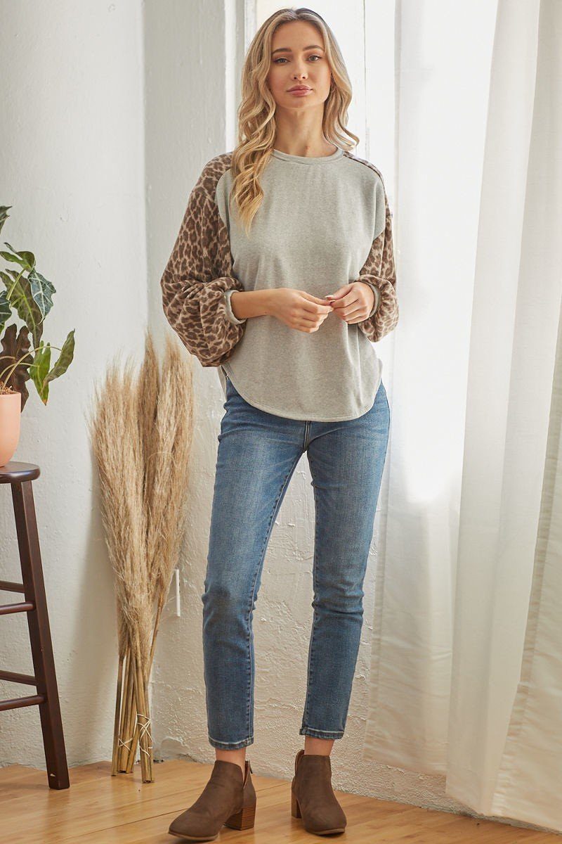 Women's Leopard Solid Long Sleeve Top