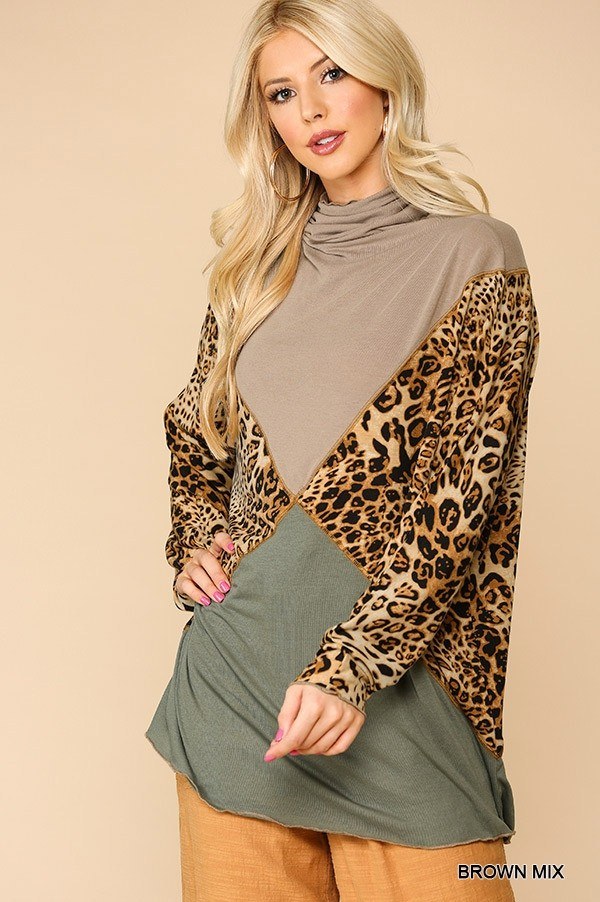 Women's Solid And Animal Print Mixed Knit Turtleneck Top With Long Sleeves