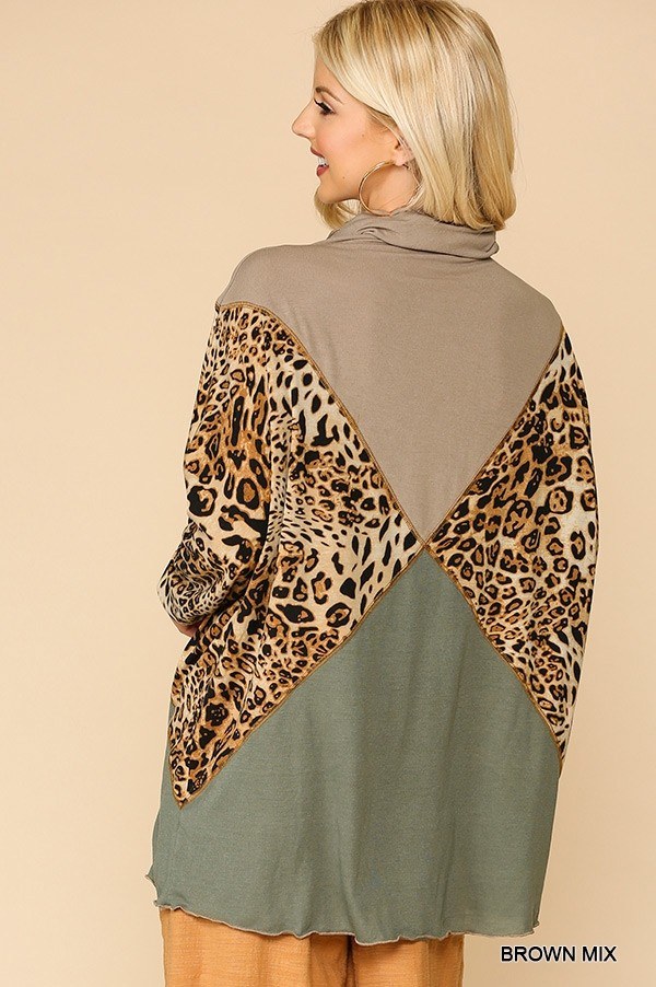 Women's Solid And Animal Print Mixed Knit Turtleneck Top With Long Sleeves