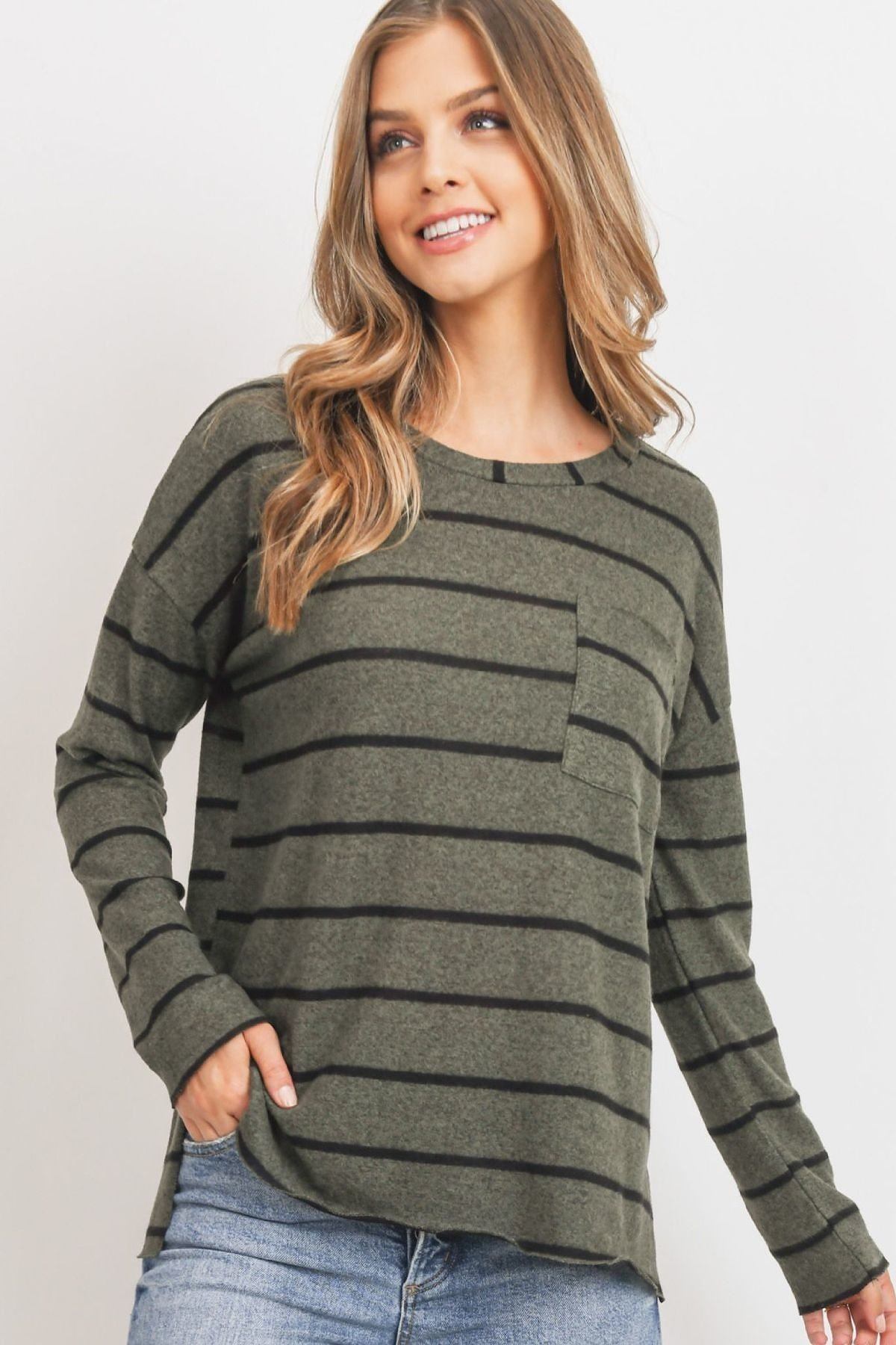 Women's Striped Front Pocket Round Collar