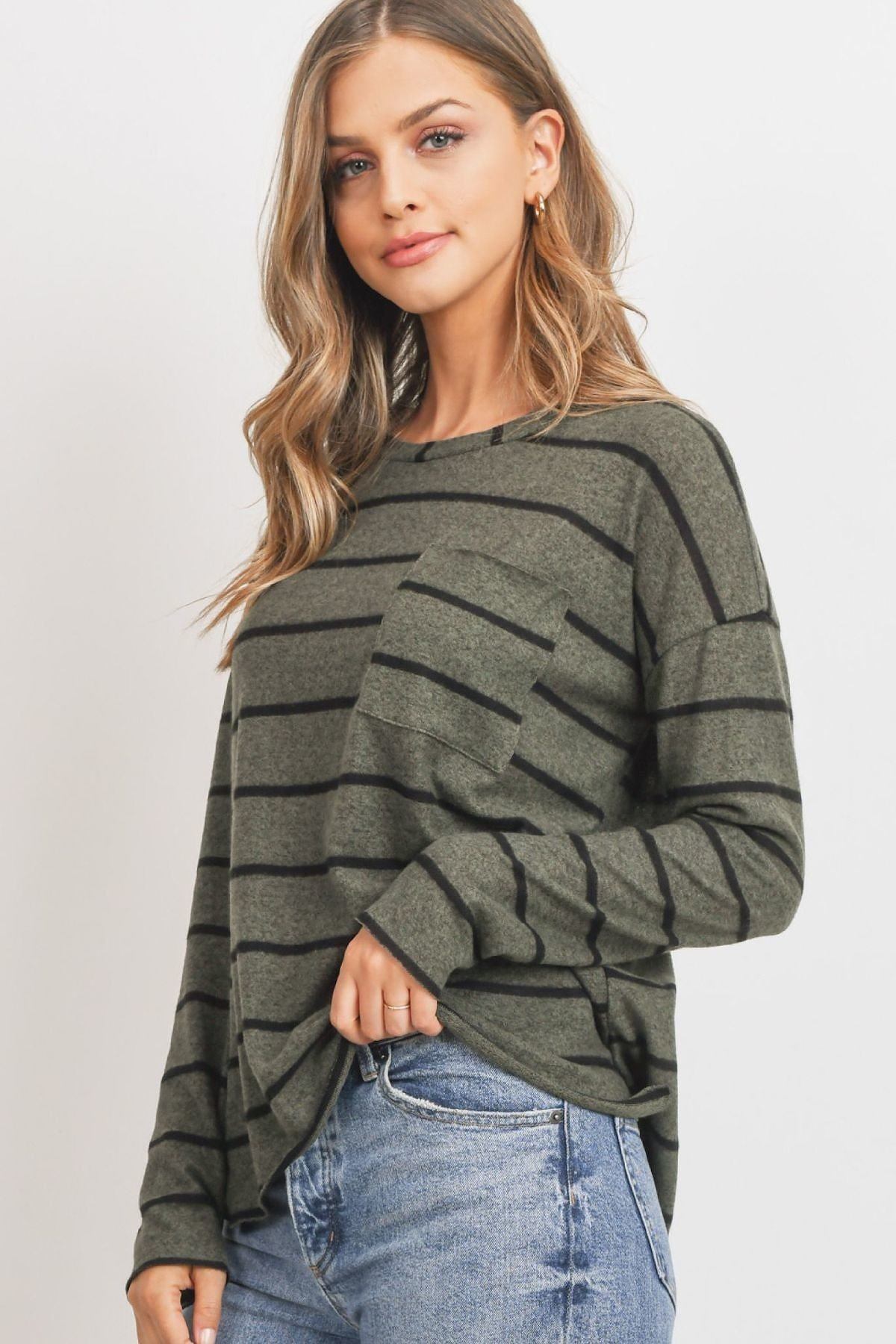 Women's Striped Front Pocket Round Collar