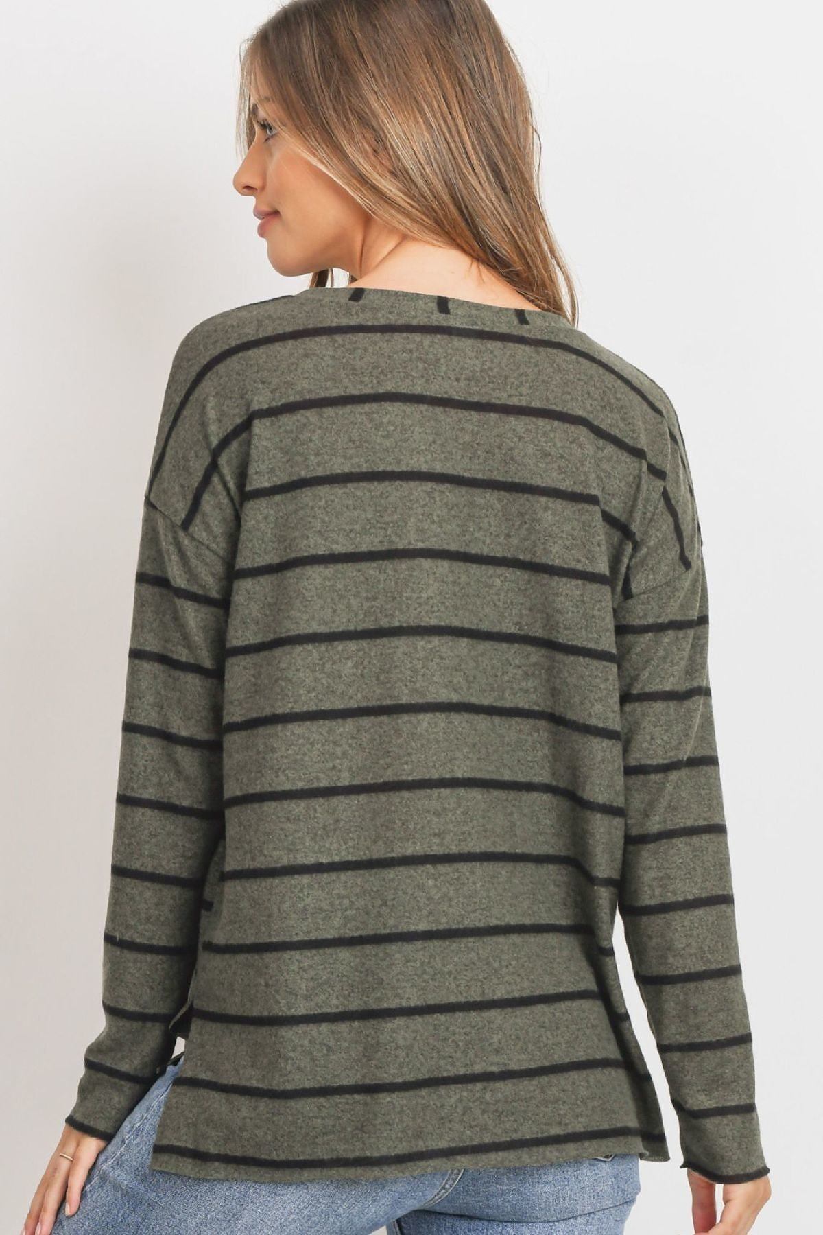 Women's Striped Front Pocket Round Collar