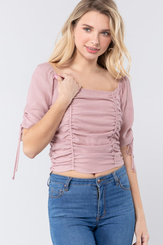 Women's Elbow Slv Smocked Ruched Woven Top