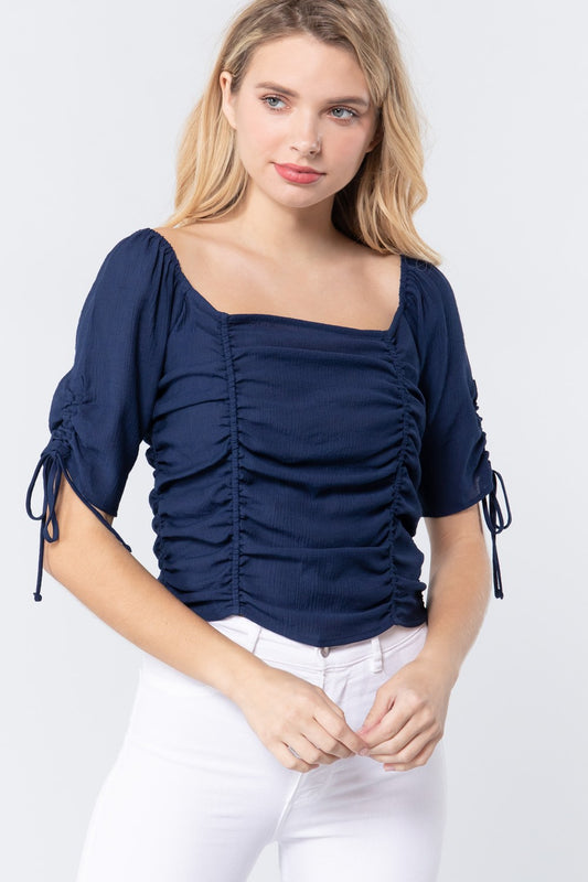 Women's Elbow Slv Smocked Ruched Woven Top