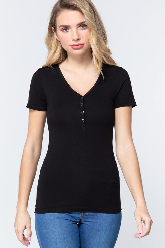 Women's Short Slv V-neck Henley Knit Top