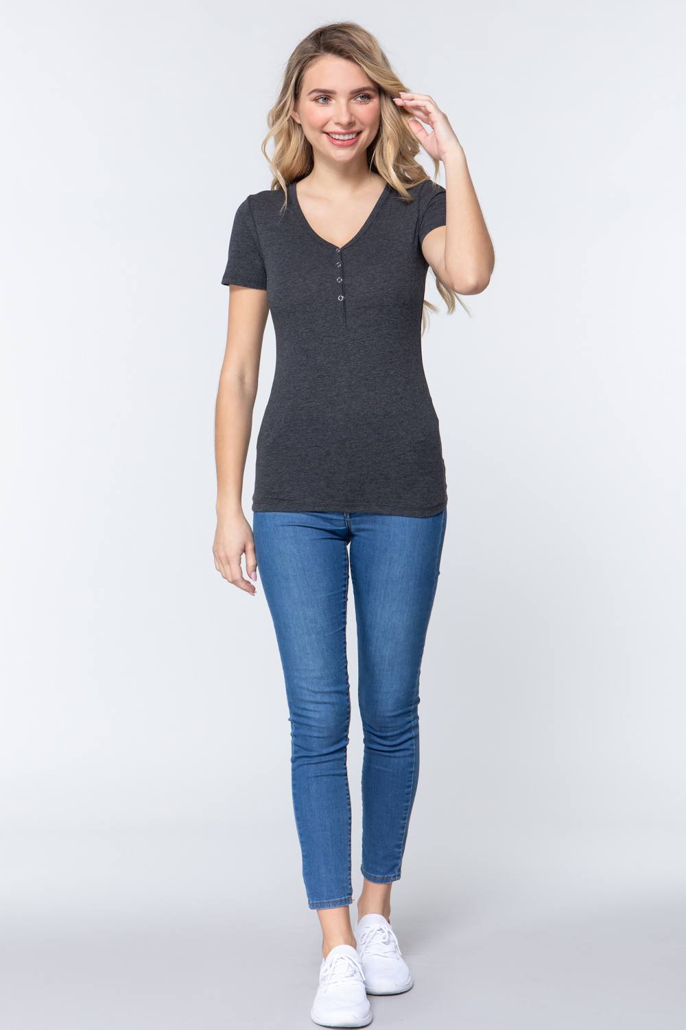 Women's Short Slv V-neck Henley Knit Top