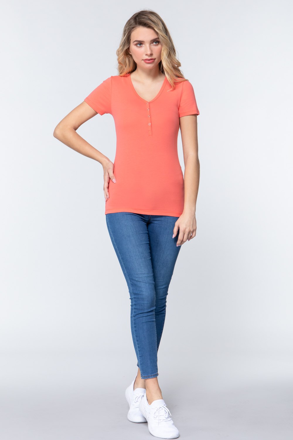 Women's Short Slv V-neck Henley Knit Top