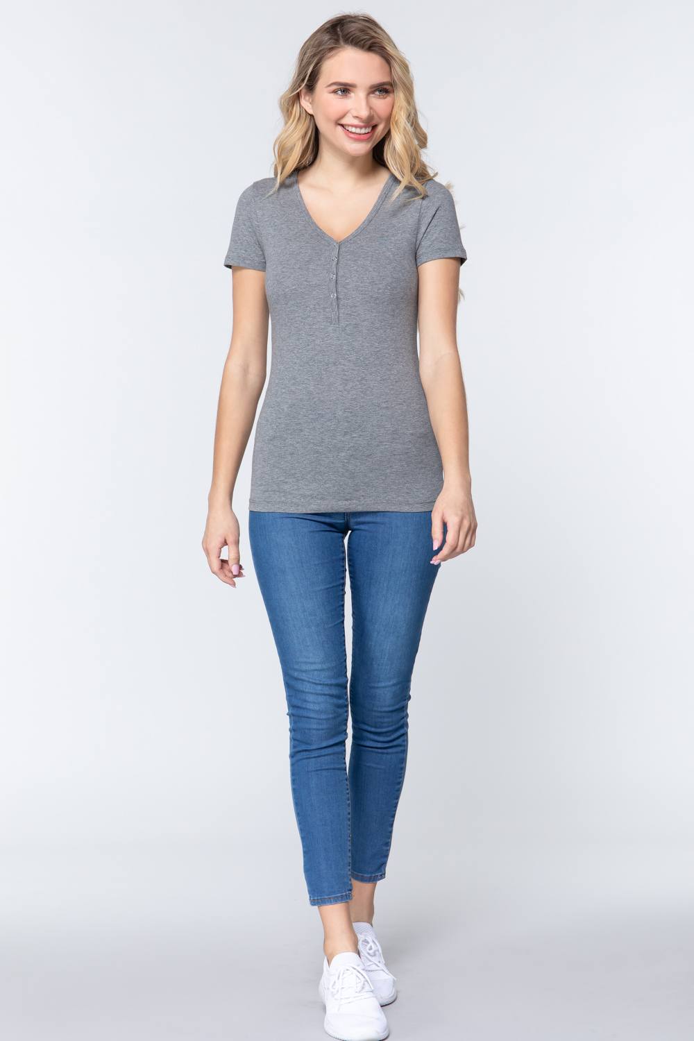 Women's Short Slv V-neck Henley Knit Top