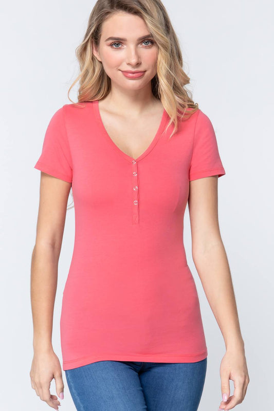 Women's Short Slv V-neck Henley Knit Top