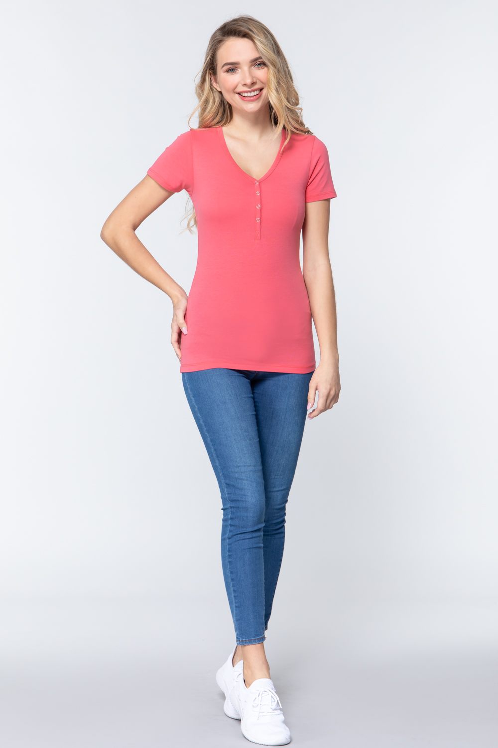 Women's Short Slv V-neck Henley Knit Top