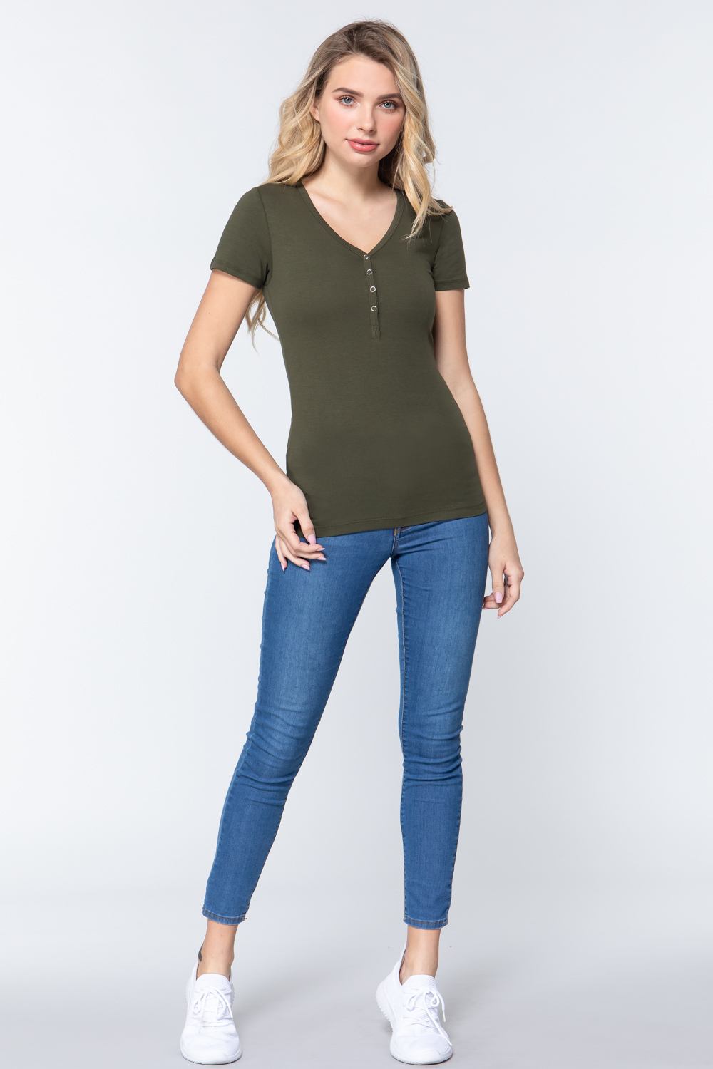 Women's Short Slv V-neck Henley Knit Top