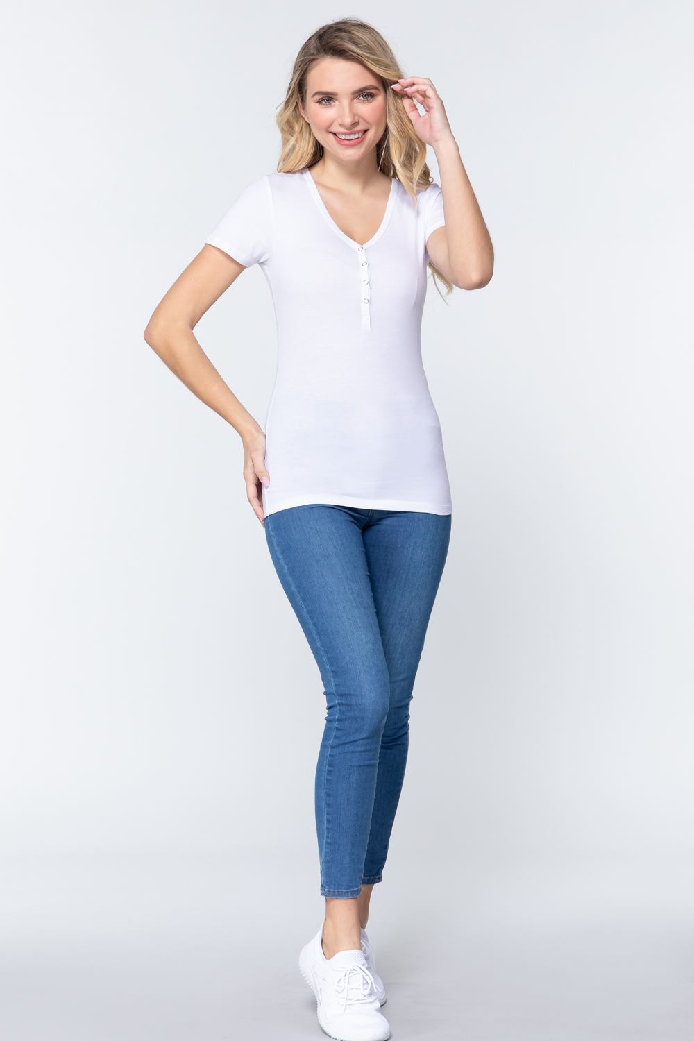 Women's Short Slv V-neck Henley Knit Top